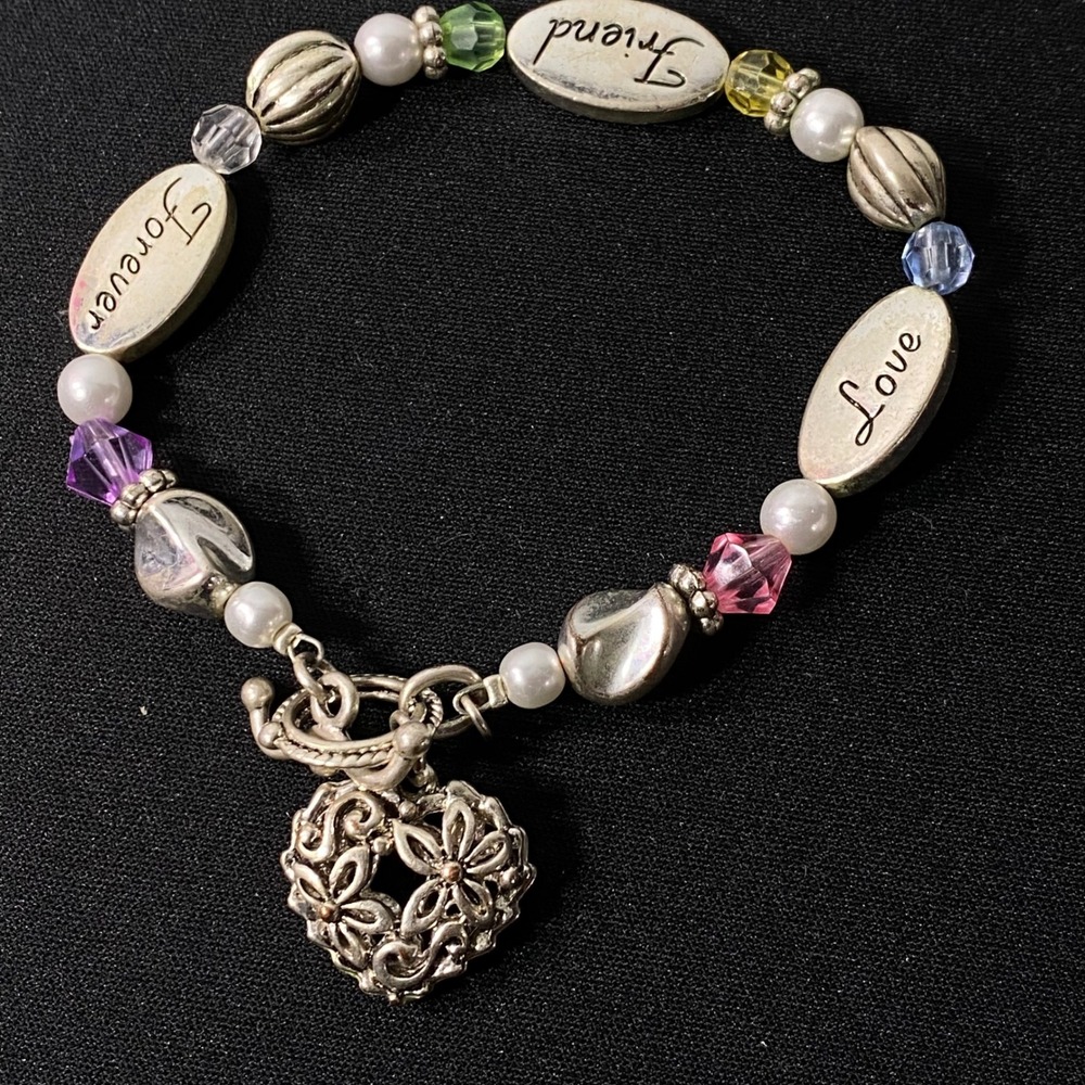 Friend Love Forever Charm Bracelet Beaded Toggle Clasp Silver Tone Jewelry